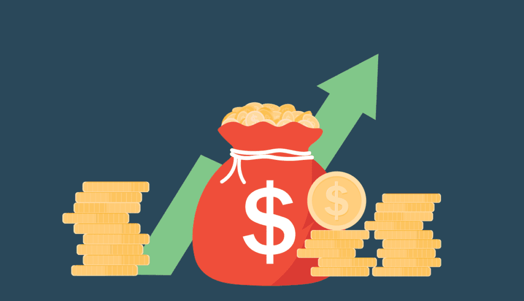 Illustration of a money bag and stacks of coins with an upward-pointing arrow