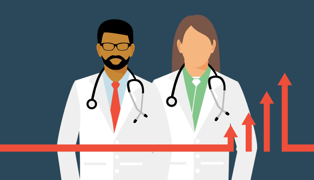 Illustration of two doctors wearing white coats and stethoscopes, with upward-pointing red arrows