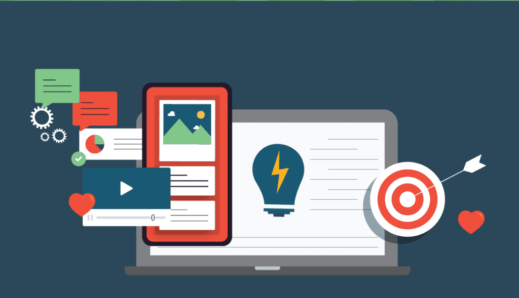 Illustration of a laptop surrounded by icons