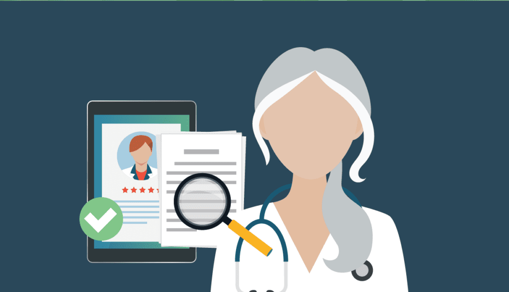 Illustration of a doctor with documents, a magnifying glass, and a digital profile