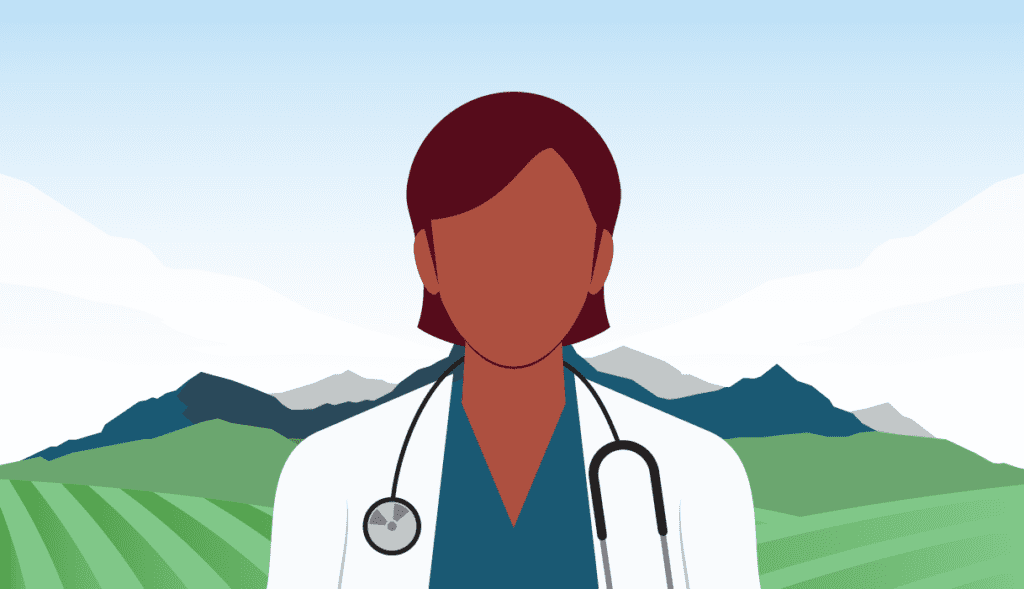Illustration of a doctor standing in front of a rural landscape with mountains and fields