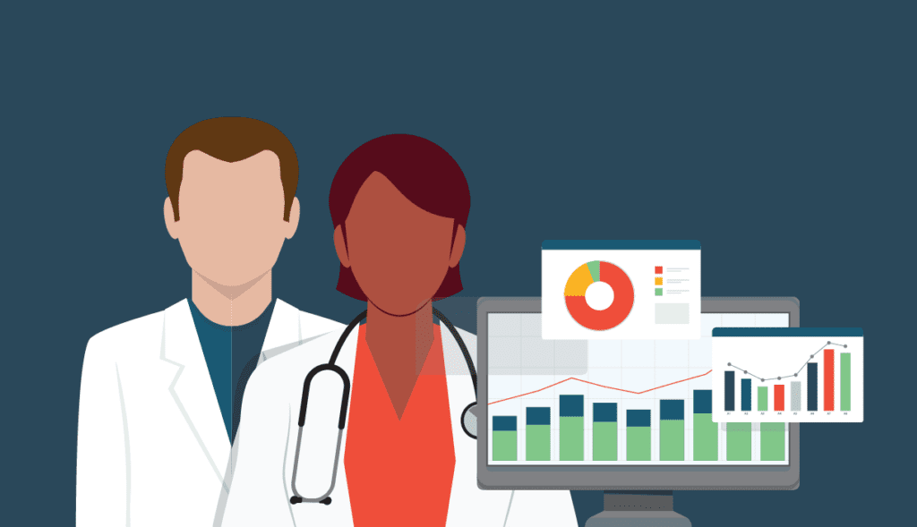 Illustration of two doctors standing behind a computer screen displaying charts and graphs