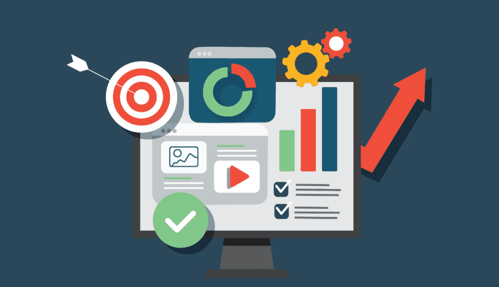 Computer screen showing trending graphs, pie chart, and target icons in vector format