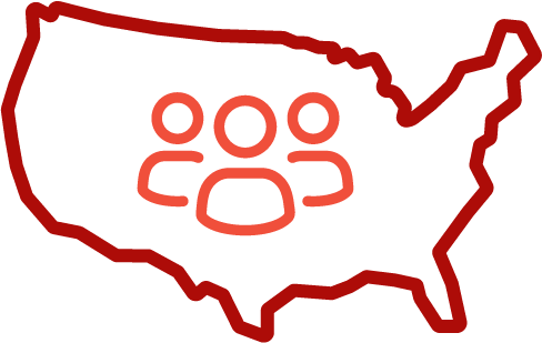 Red outline of the US with three people icons inside
