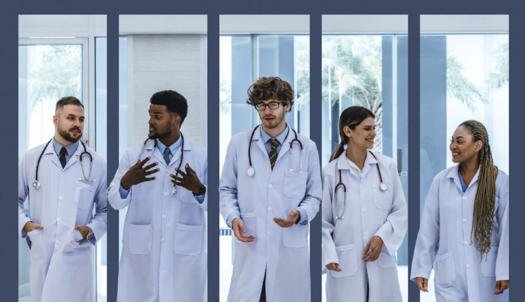 Group of doctors in white coats talking