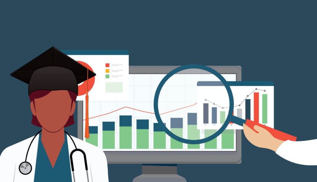 Illustration of a doctor wearing a graduation cap, with charts and graphs on a computer screen