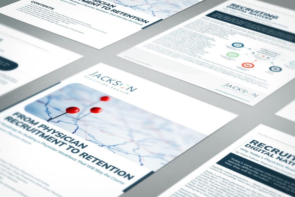 Set of medical recruitment brochures displayed flat on a table, highlighting topics like retention