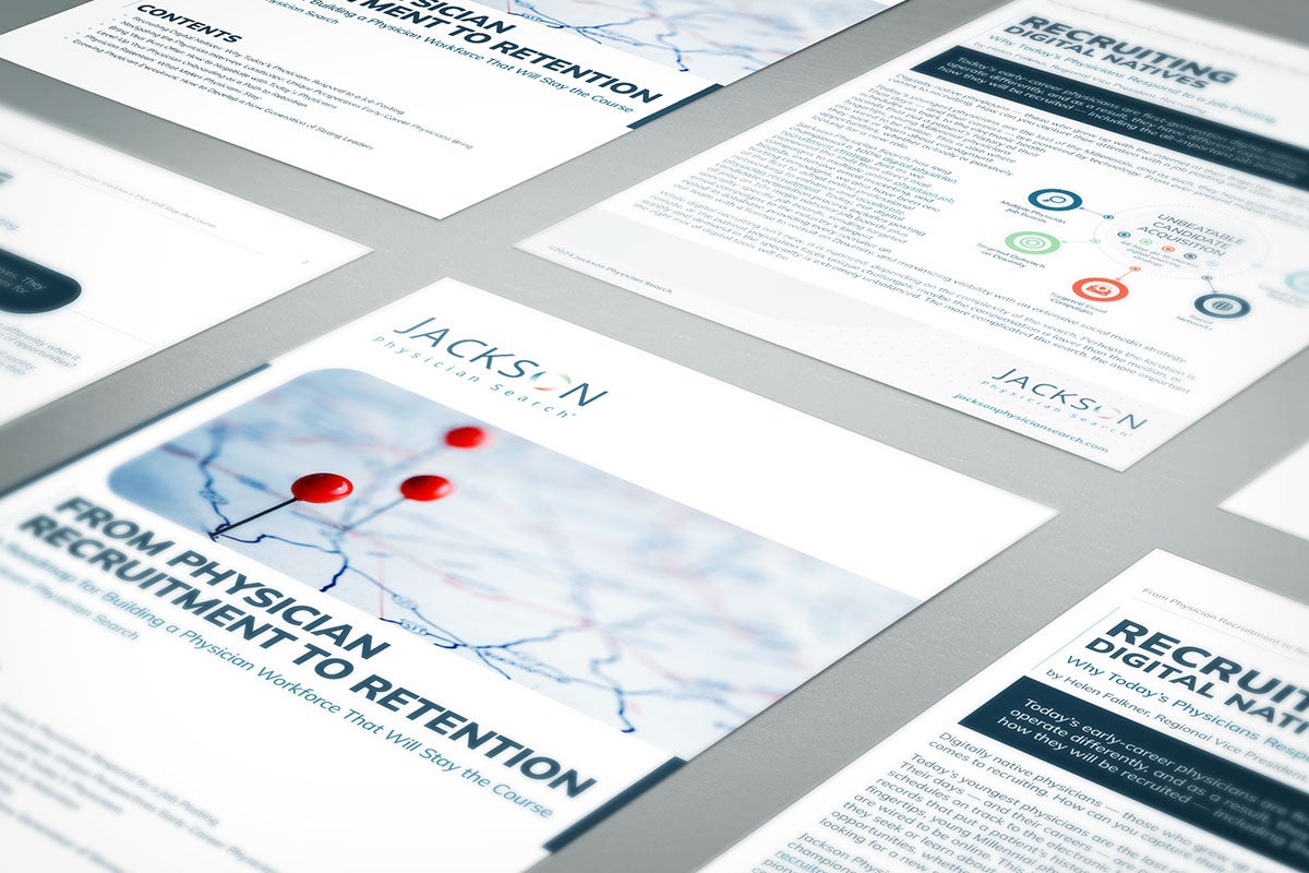 Set of medical recruitment brochures displayed flat on a table, highlighting topics like retention