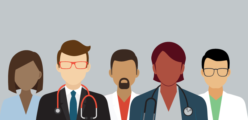 Illustration of five healthcare professionals in various roles wearing stethoscopes