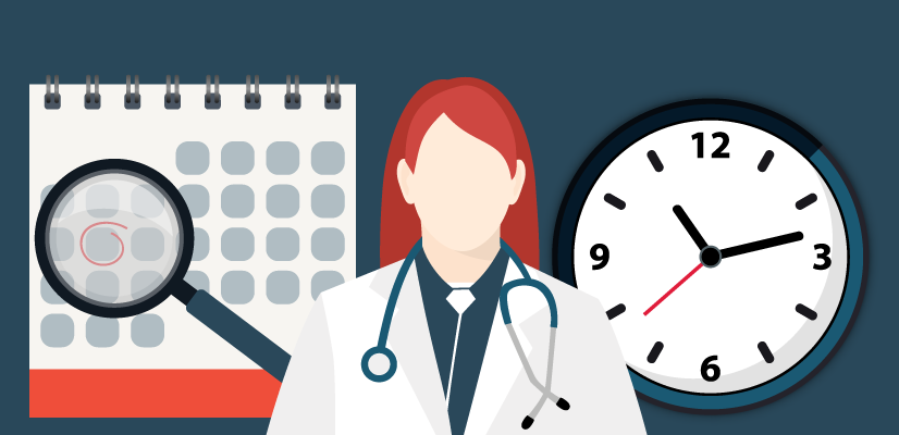 Stethoscope, calendar with a magnifying glass, and clock illustration, symbolizing time management in healthcare