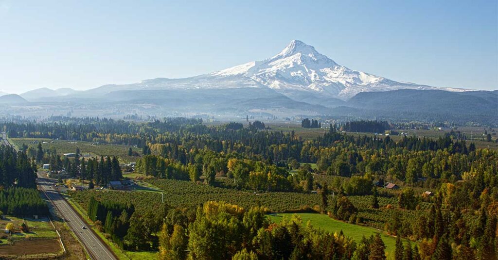 Panoramic view of Mount Hood dominating the landscape with expansive forests and agricultural fields below