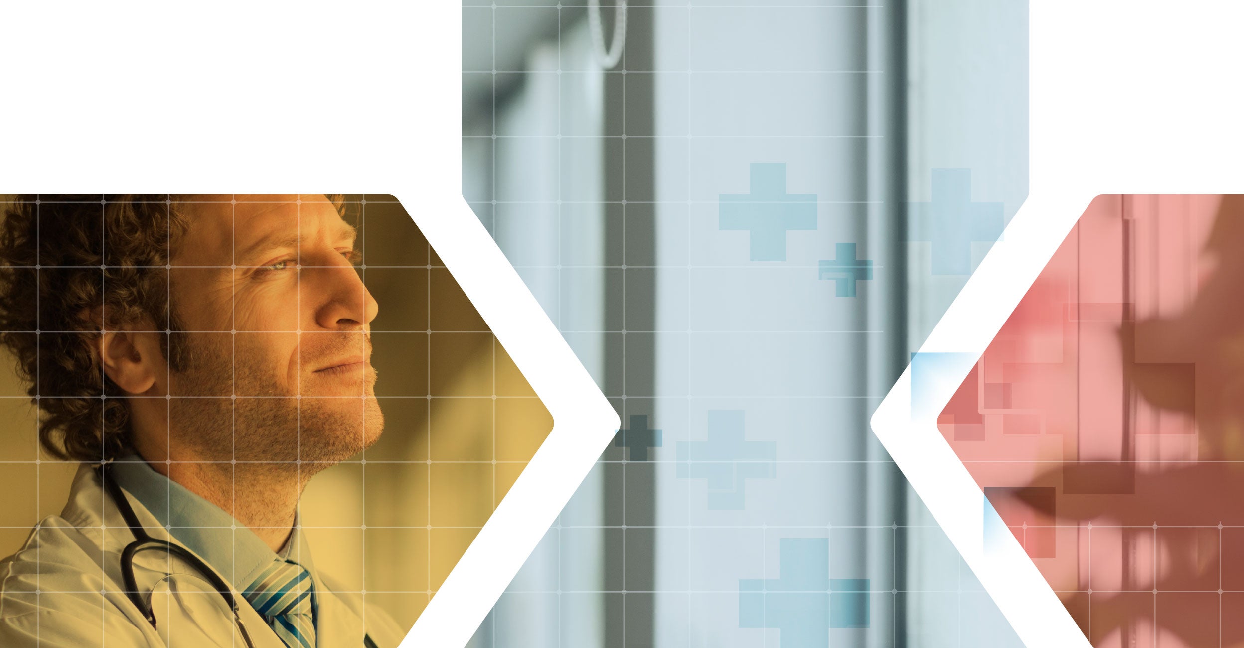 Male doctor wearing stethoscope looking thoughtful with medical-themed graphic overlay background