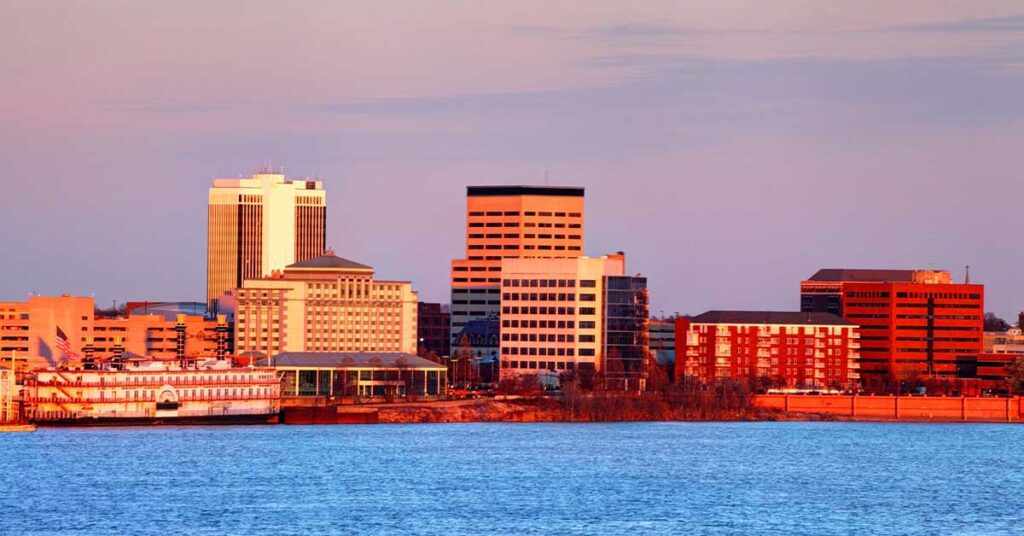 Evansville, IN, skyline at sunset