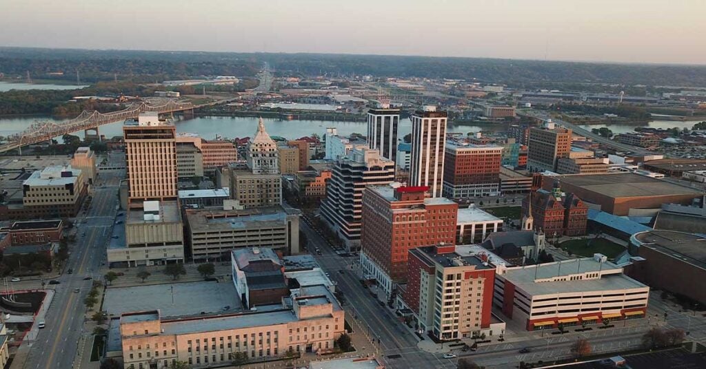 Aerial of Downtown Peoria with the Illinois River