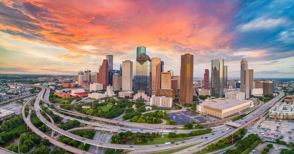 Houston, Texas, USA Drone Skyline Aerial Panorama.