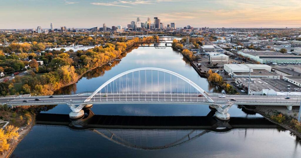 Aerial view of Minneapolis, Minnesota and the Lowry Ave bridge over the Mississippi river