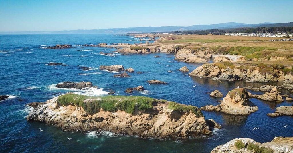 Aerial view of the Glass beach at Fort Bragg in California