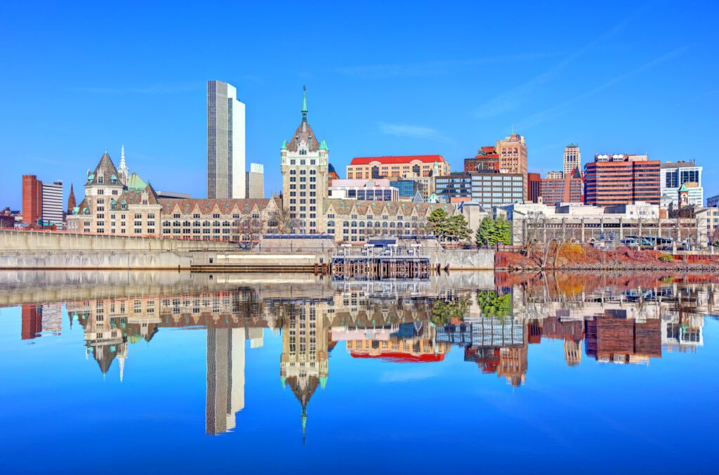 Albany skyline reflection on the Hudson River
